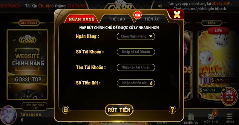 Hướng dẫn rút tiền tại Go88