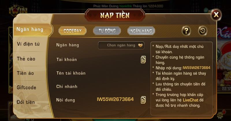 Nạp tiền qua codepay Iwin Club
