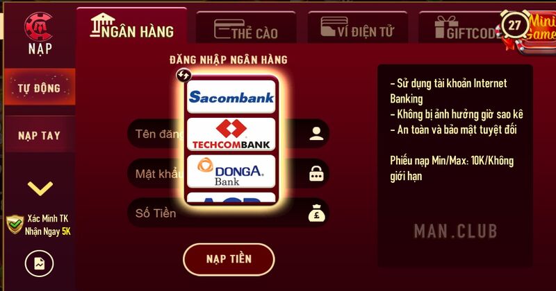 Nạp tiền qua ngân hàng Man Club
