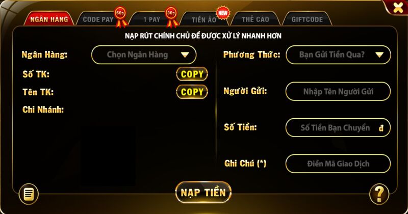 Nạp tiền qua ngân hàng Top88