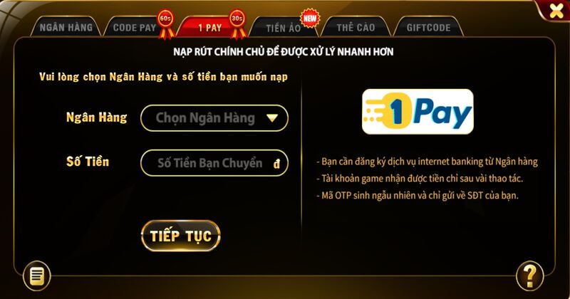 Nạp tiền qua 1pay Top88