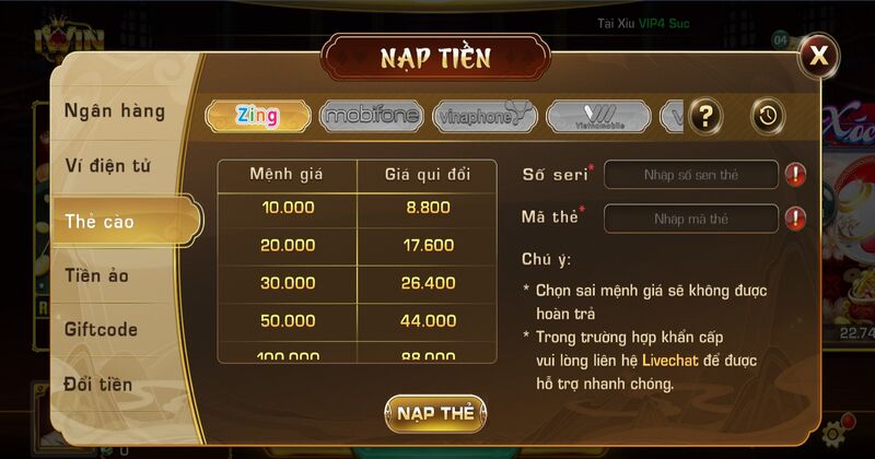 Nạp tiền qua thẻ cào tại Iwin Club
