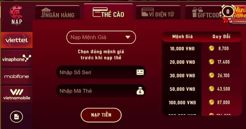 Nạp tiền qua thẻ cào Man Club