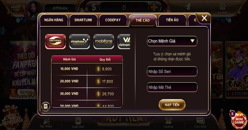 Nạp tiền qua thẻ cào tại Nhatvip