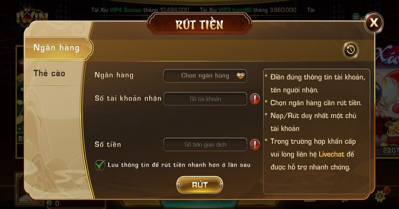 Rút tiền online ngân hàng Iwin Club