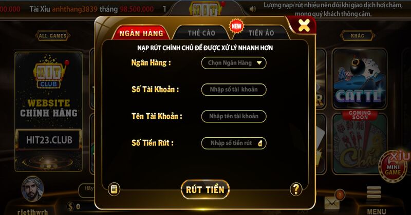 Hỗ trợ rút tiền Hit Club