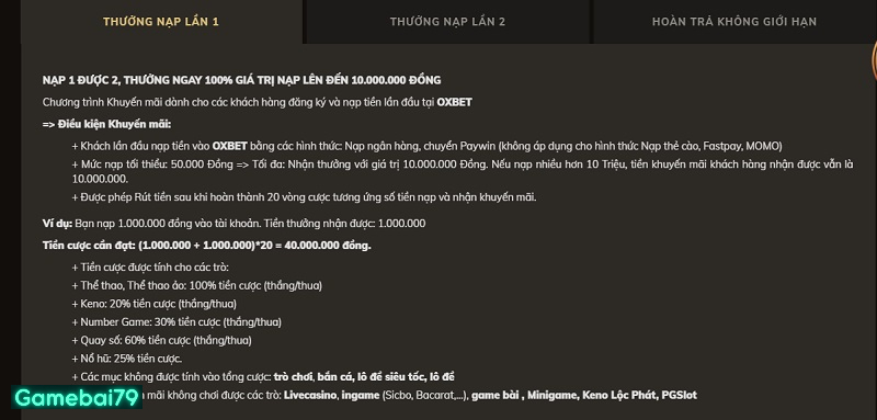 Thưởng nạp 100% ở lần nạp tiền đầu tiên