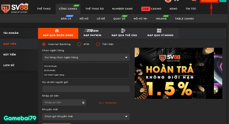Nạp tiền thực sự đơn giản khi thực hiện tại form có sẵn SV88 2023